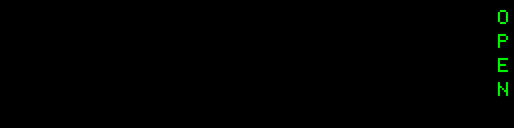 OPEN: a shimmering green vertical badge in the top-right corner, composited over a scrolling rainbow ticker message.