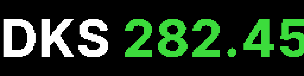 a message widget reading "DKS <price> <change%>" — "DKS " stays white (the message font_color) while the price and percent render green or red by the day trend.